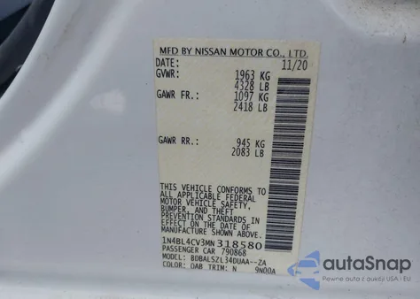 2021 Nissan Altima Sr Fwd z USA, uszkodzony, nr VIN 1N4BL4CV3MN318580